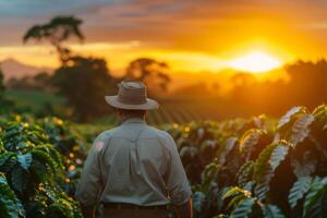 AI generated A Gentleman Wearing a Hat Taking a Walk Through a Coffee Field During Sunrise photo