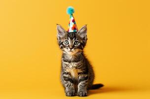 AI generated a kitten wearing a party hat on a yellow surface photo