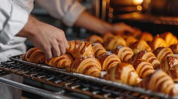 AI generated A joyful moment of a pastry chef pulling a tray of freshly baked croissants from the oven photo