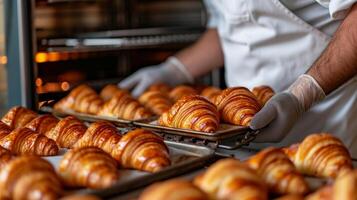 AI generated A joyful moment of a pastry chef pulling a tray of freshly baked croissants from the oven photo