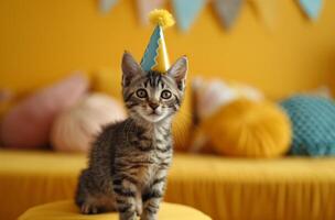 AI generated a kitten wearing a party hat on a yellow surface photo