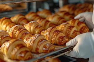 AI generated A joyful moment of a pastry chef pulling a tray of freshly baked croissants from the oven photo