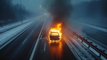 AI generated A lone car burns on the autobahn photo