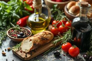 AI generated A Mediterranean-inspired spread featuring olive oil photo