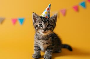 AI generated a kitten wearing a party hat on a yellow surface photo