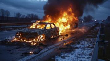 AI generated A lone car burns on the autobahn photo
