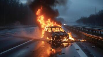 AI generated A lone car burns on the autobahn photo