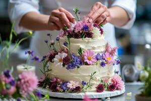 AI generated A pastry chef arranging edible flowers on a stunning wedding cake photo