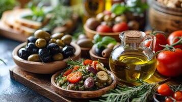 AI generated A Mediterranean-inspired spread featuring olive oil photo