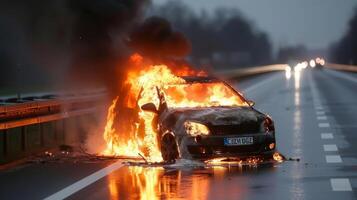 AI generated A lone car burns on the autobahn photo