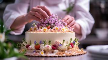 ai generado un Pastelería cocinero arreglando comestible flores en un maravilloso Boda pastel foto