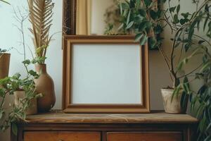 AI generated a photo frame in front of a wood dresser in an interior home empty wooden frame