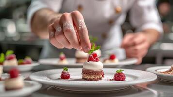 AI generated A pastry chef arranging edible flowers on a stunning wedding cake photo