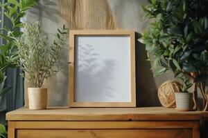 AI generated a photo frame in front of a wood dresser in an interior home empty wooden frame