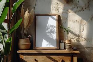 AI generated a photo frame in front of a wood dresser in an interior home empty wooden frame