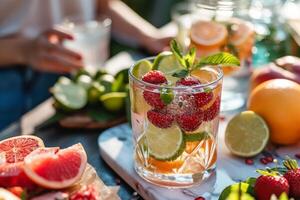 AI generated A snapshot of a table set with refreshing infused water, fresh fruits photo