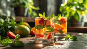 AI generated A snapshot of a table set with refreshing infused water, fresh fruits photo