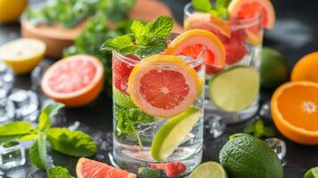 AI generated A snapshot of a table set with refreshing infused water, fresh fruits photo