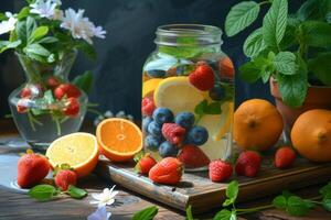 AI generated A snapshot of a table set with refreshing infused water, fresh fruits photo