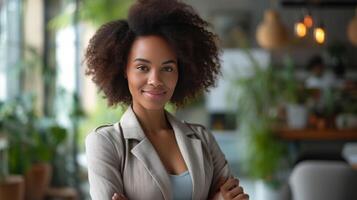 AI generated A Successful Businesswoman Portrait Captured Indoors, Standing Proudly with her Smartphone photo