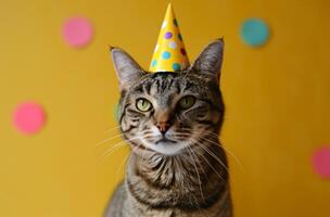 ai generado un atigrado gato vistiendo un amarillo cumpleaños sombrero foto