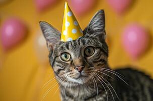 ai generado un atigrado gato vistiendo un amarillo cumpleaños sombrero foto