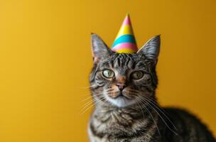 ai generado un atigrado gato vistiendo un amarillo cumpleaños sombrero foto