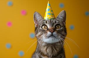 AI generated a tabby cat wearing a yellow birthday hat photo