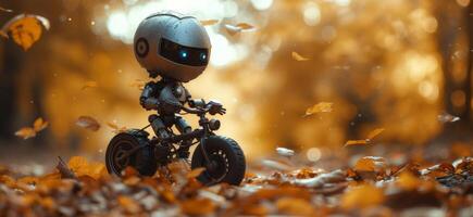 AI generated a tiny metal robot riding a toy bike in autumn photo