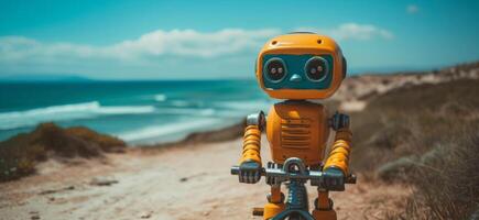 AI generated a tiny metal robot riding a toy bike in autumn photo