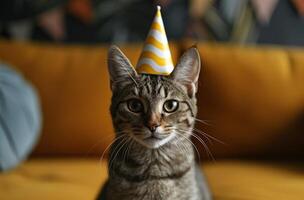 ai generado un atigrado gato vistiendo un amarillo cumpleaños sombrero foto