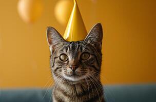 ai generado un atigrado gato vistiendo un amarillo cumpleaños sombrero foto