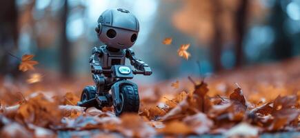 AI generated a tiny metal robot riding a toy bike in autumn photo