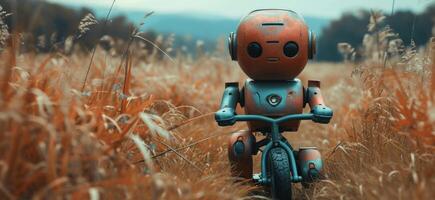 AI generated a tiny metal robot riding a toy bike in autumn photo