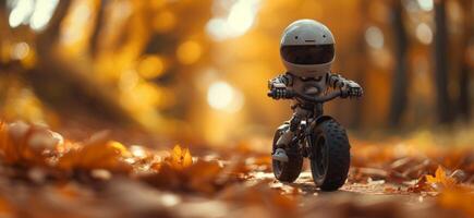 ai generado un minúsculo metal robot montando un juguete bicicleta en otoño foto