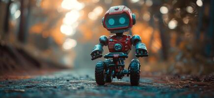 AI generated a tiny metal robot riding a toy bike in autumn photo