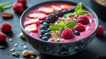 AI generated A vibrant and nutrient-packed smoothie bowl adorned with an assortment of superfoods like berries photo