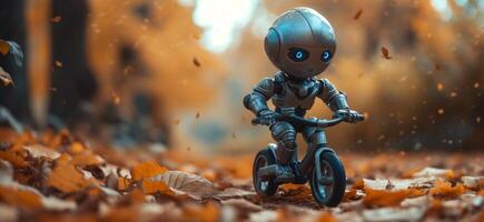 AI generated a tiny metal robot riding a toy bike in autumn photo