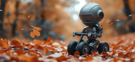 AI generated a tiny metal robot riding a toy bike in autumn photo