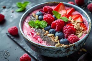 AI generated A vibrant and nutrient-packed smoothie bowl adorned with an assortment of superfoods like berries photo