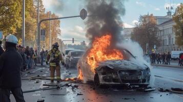 ai generado un dos autos accidente en el medio de el la carretera en un grande ciudad foto