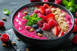 AI generated A vibrant and nutrient-packed smoothie bowl adorned with an assortment of superfoods like berries photo