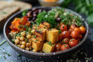 AI generated A visually appealing plate featuring a variety of roasted vegetables photo