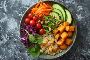 AI generated A visually appealing plate featuring a variety of roasted vegetables photo