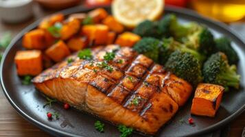 ai generado un bien chapado plato presentando suculento A la parrilla salmón acompañado por asado dulce patatas y al vapor brócoli foto