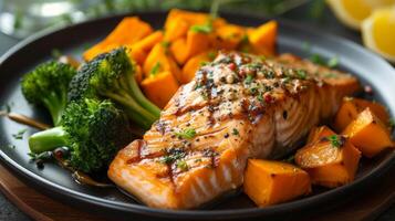 AI generated A well-plated dish featuring succulent grilled salmon accompanied by roasted sweet potatoes and steamed broccoli photo