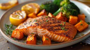 AI generated A well-plated dish featuring succulent grilled salmon accompanied by roasted sweet potatoes and steamed broccoli photo