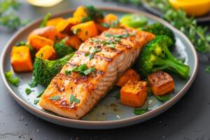 AI generated A well-plated dish featuring succulent grilled salmon accompanied by roasted sweet potatoes and steamed broccoli photo