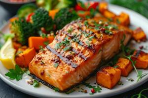 AI generated A well-plated dish featuring succulent grilled salmon accompanied by roasted sweet potatoes and steamed broccoli photo