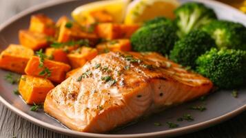 AI generated A well-plated dish featuring succulent grilled salmon accompanied by roasted sweet potatoes and steamed broccoli photo